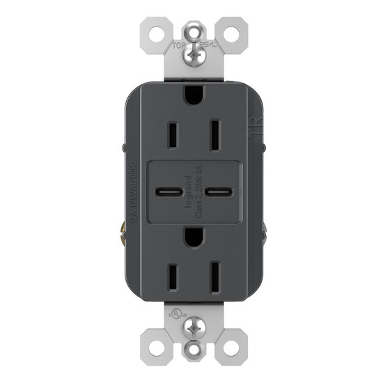 Pass And Seymour Radiant Type C/C Fast Charge USB And 15A Receptacle Graphite (R26USBCC6G)
