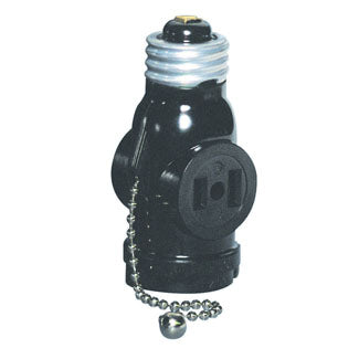 Leviton Indoor 660W 125V 2-Pole 2-Wire Pull Chain Lamp Holder With 2 Outlets Black (1406)