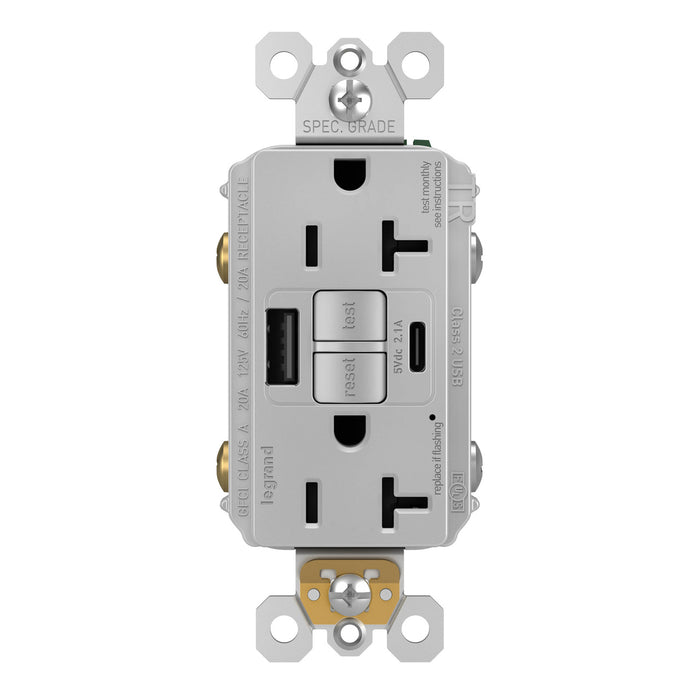 Pass and Seymour Self-Test GFCI Outlet Tamper-Resistant 20A With USB Type AC Gray  (2097TRUSBACGRY)