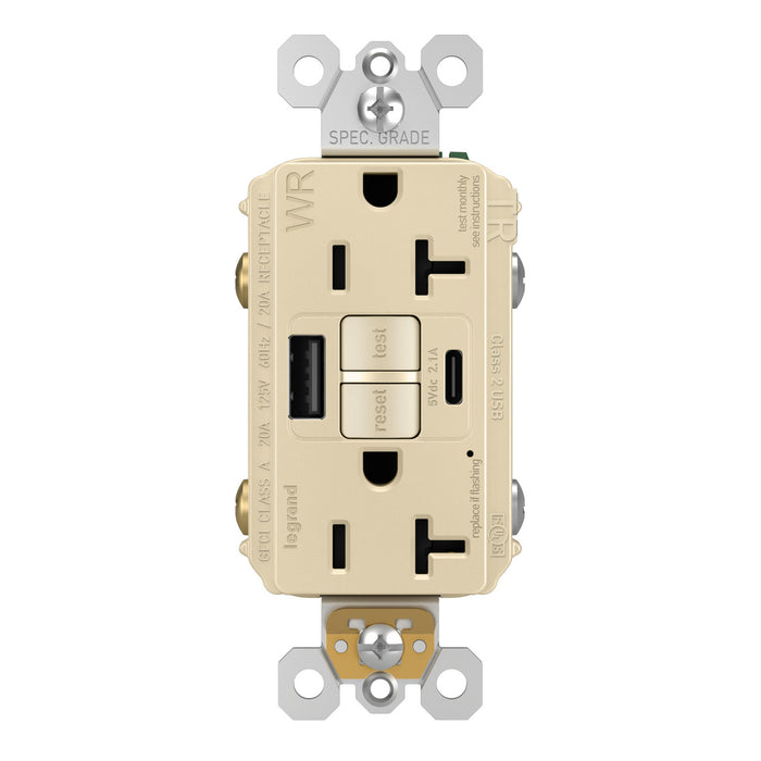 Pass and Seymour Self-Test GFCI Outlet Tamper-Resistant Weather-Resistant 20A With USB Type AC Ivory  (2097TRWRUSBACI)