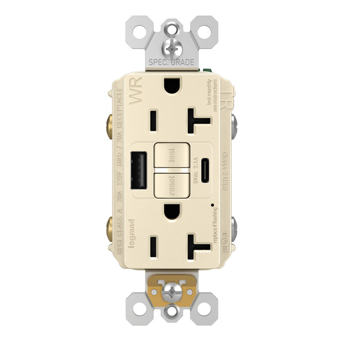 Pass and Seymour Self-Test GFCI Outlet Tamper-Resistant Weather-Resistant 20A With USB Type AC Light Almond  (2097TRWRUSBACLA)