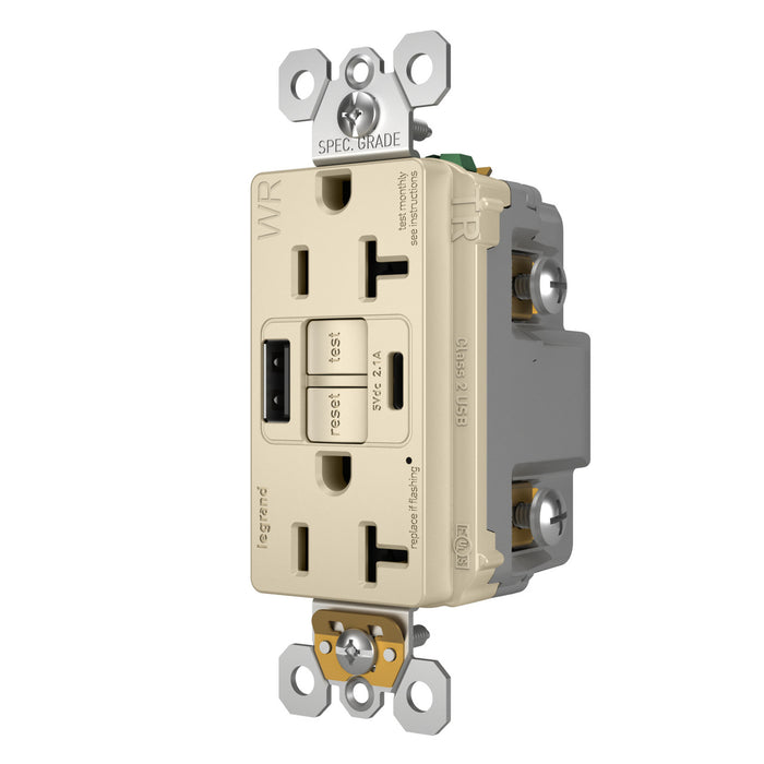 Pass and Seymour Self-Test GFCI Outlet Tamper-Resistant Weather-Resistant 20A With USB Type AC Light Almond  (2097TRWRUSBACLA)