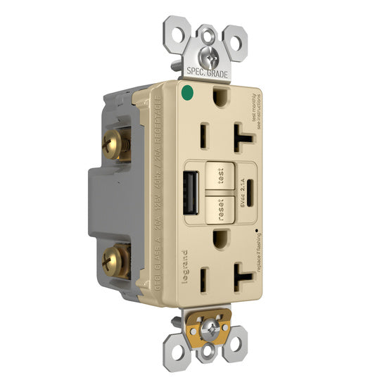 Pass and Seymour Self-Test GFCI Receptacle Hospital Grade Tamper-Resistant 20A With USB Type AC Ivory  (2097HGTRUSBACI)