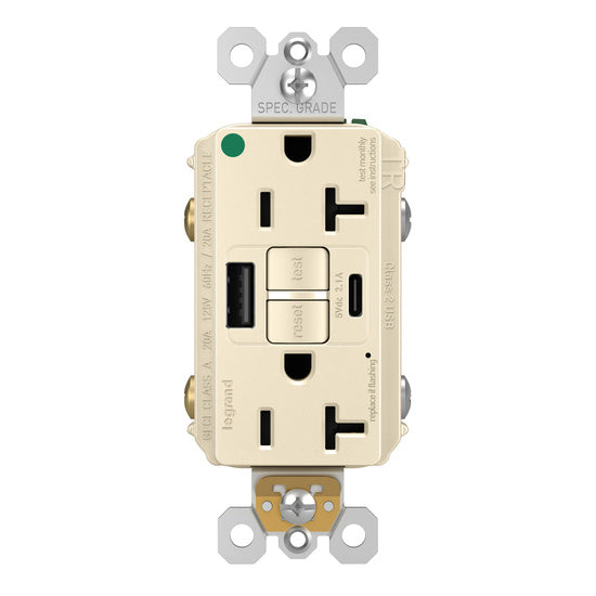 Pass and Seymour Self-Test GFCI Receptacle Hospital Grade Tamper-Resistant 20A With USB Type AC Light Almond  (2097HGTRUSBACLA)