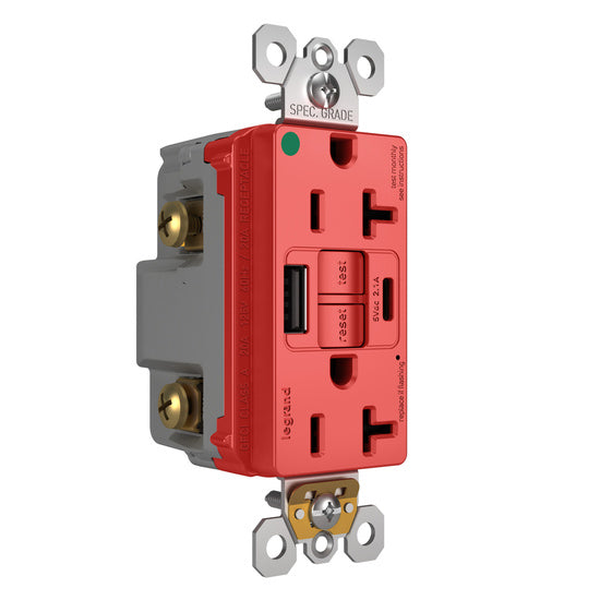 Pass and Seymour Self-Test GFCI Receptacle Hospital Grade Tamper-Resistant 20A With USB Type AC Red  (2097HGTRUSBACRED)