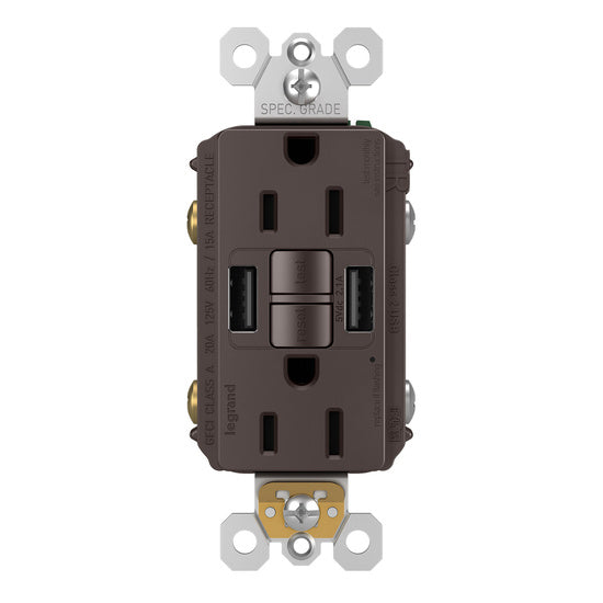 Pass and Seymour Self-Test GFCI Receptacle Tamper-Resistant 15A With USB Type AA Brown  (1597TRUSBAA)