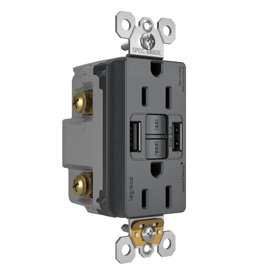 Pass and Seymour Self-Test GFCI Receptacle Tamper-Resistant 15A With USB Type AA Graphite (1597TRUSBAAGC4)