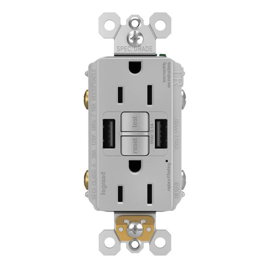 Pass and Seymour Self-Test GFCI Receptacle Tamper-Resistant 15A With USB Type AA Gray  (1597TRUSBAAGRY)