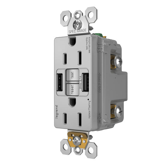 Pass and Seymour Self-Test GFCI Receptacle Tamper-Resistant 15A With USB Type AA Gray  (1597TRUSBAAGRY)