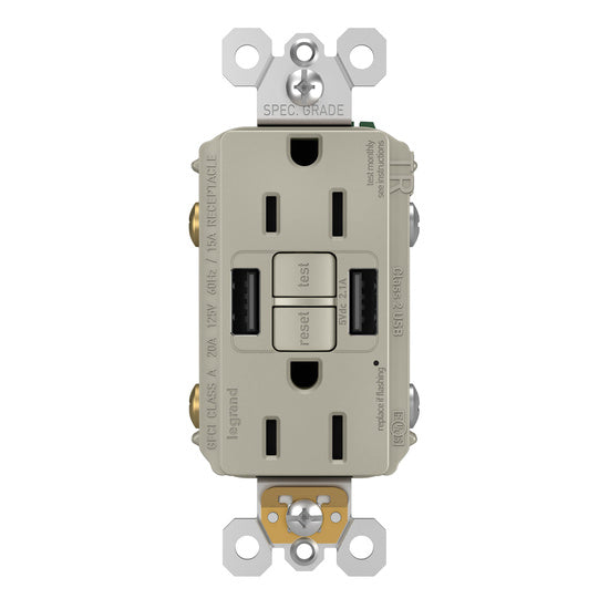 Pass and Seymour Self-Test GFCI Receptacle Tamper-Resistant 15A With USB Type AA Nickel (1597TRUSBAANIC4)