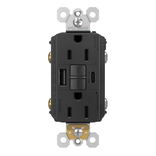 Pass and Seymour Self-Test GFCI Receptacle Tamper-Resistant 15A With USB Type AC Black  (1597TRUSBACBK)