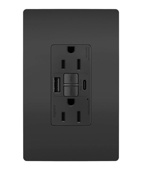 Pass and Seymour Self-Test GFCI Receptacle Tamper-Resistant 15A With USB Type AC Black  (1597TRUSBACBK)
