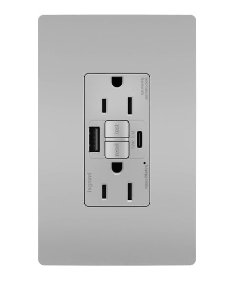 Pass and Seymour Self-Test GFCI Receptacle Tamper-Resistant 15A With USB Type AC Gray  (1597TRUSBACGRY)