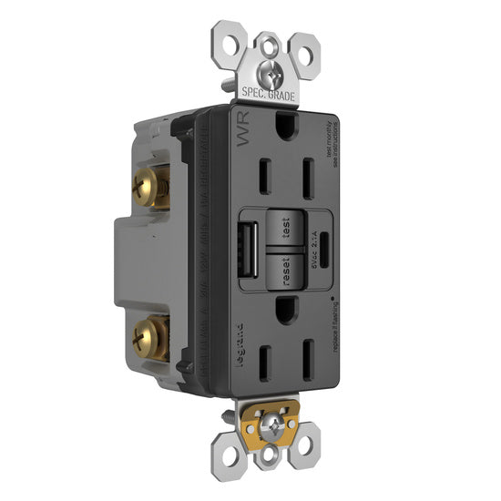 Pass and Seymour Self-Test GFCI Receptacle Tamper-Resistant Weather-Resistant 15A With USB Type AC Black  (1597TRWRUSBACBK)