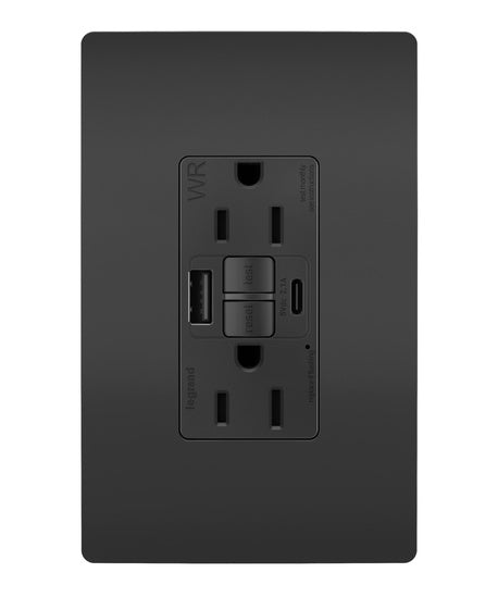 Pass and Seymour Self-Test GFCI Receptacle Tamper-Resistant Weather-Resistant 15A With USB Type AC Black  (1597TRWRUSBACBK)