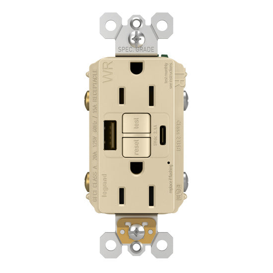 Pass And Seymour Self-Test GFCI Receptacle Tamper-Resistant Weather-Resistant 15A With USB Type AC Ivory (1597TRWRUSBACI)