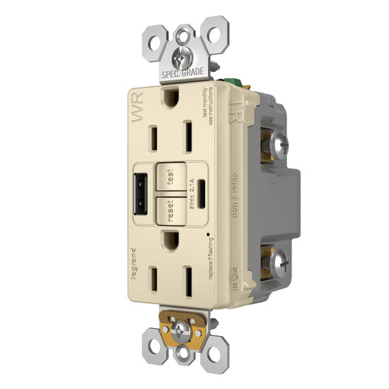 Pass and Seymour Self-Test GFCI Receptacle Tamper-Resistant Weather-Resistant 15A With USB Type AC Light Almond  (1597TRWRUSBACLA)