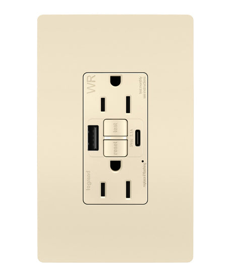 Pass and Seymour Self-Test GFCI Receptacle Tamper-Resistant Weather-Resistant 15A With USB Type AC Light Almond  (1597TRWRUSBACLA)