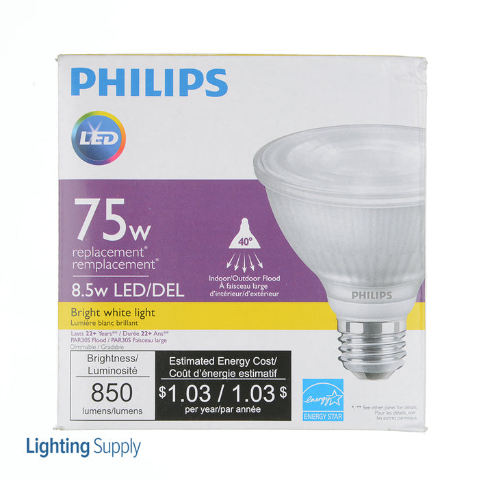 Philips 568048 8.5W LED PAR30S Lamp 3000K 850Lm 90 CRI White Medium E26 Base 40 Degree Beam Angle 120V Dimmable (929003028104)