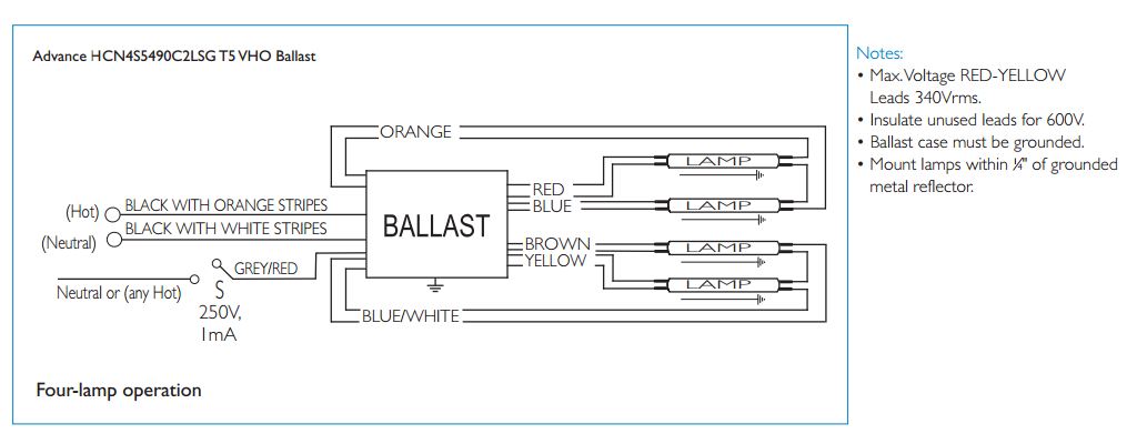 Advance HCN4S5490C2LSG35I Programmed Start Fluorescent 347V-480V Electronic Ballast For-4 F54T5/HO Bulbs (913710268701)