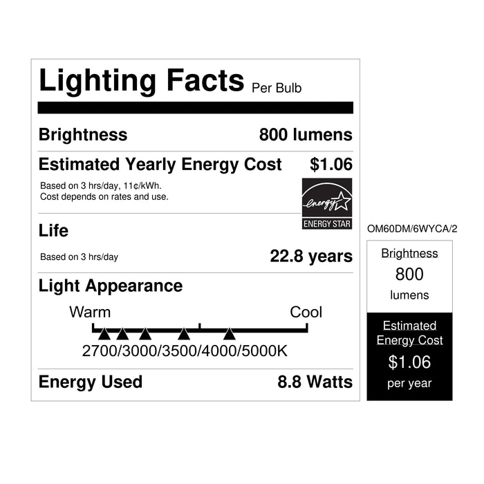 Feit Electric 8.8W [60W Equivalent] Adjustable White Dimmable A19 Light Bulb 2-Pack (OM60DM/6WYCA/2)