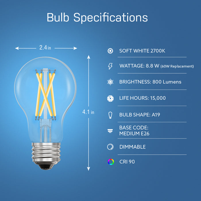 Feit Electric 8.8W [60W Equivalent] Soft White 2700K E26 Base Vintage A19 Dimmable Filament Alexa Google Smart Bulb (A1960CL/927CA/FIL/AG)