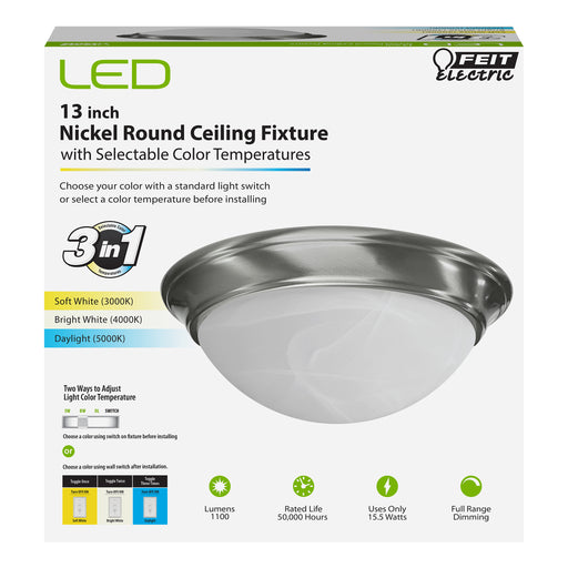 Feit Electric 13 Inch White CCT Selectable 3000K/4000K/5000K LED Nickel Ceiling Fixture (DOME13/4WY/NK)