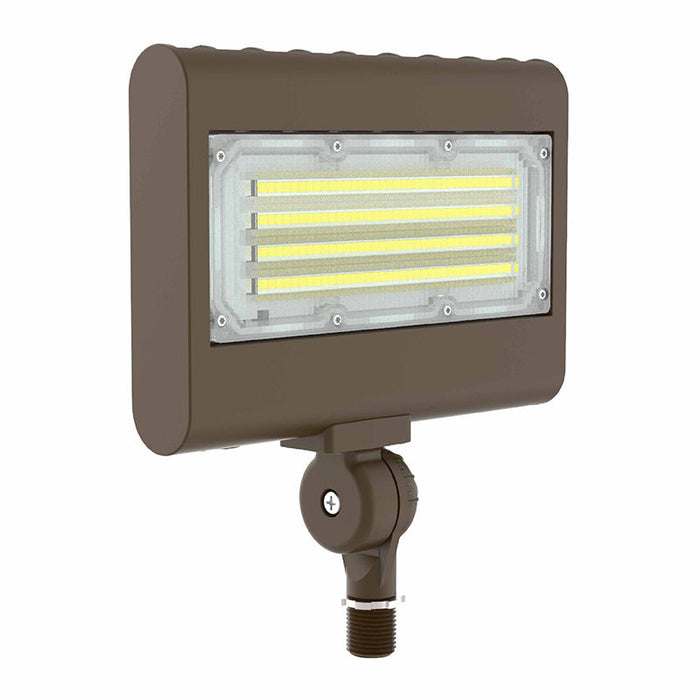 Westgate LFX-SM small LED flood light in bronze finish with adjustable knuckle mount and integrated photocell, selectable 10W/20W/30W and 3000K-5700K CCT