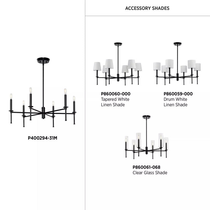 Progress Lighting 9440029431M Elara 6 Light 60W Chandelier Candelabra Base Matte Black (P400294-31M)