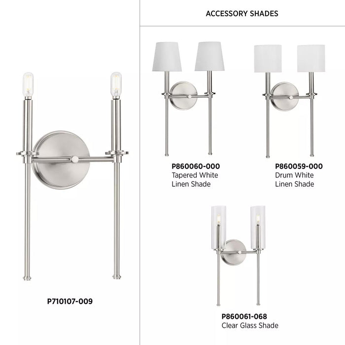 Progress Lighting 94710107009 Elara 2 Light 60W Wall Light Candelabra Base Brushed Nickel (P710107-009)