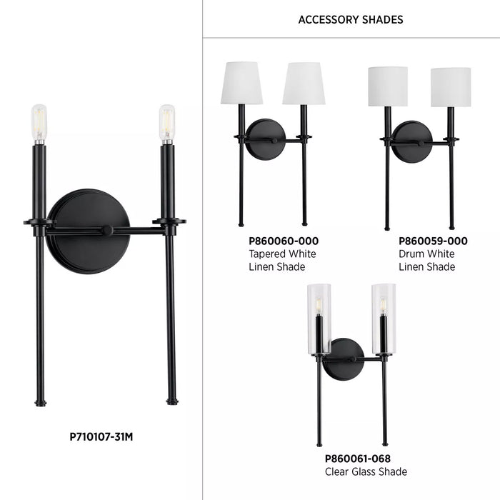 Progress Lighting 9471010731M Elara 2 Light 60W Wall Light Candelabra Base Matte Black (P710107-31M)