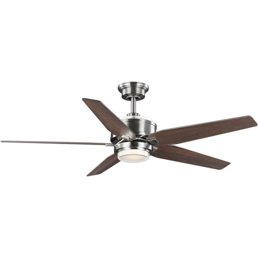 Progress Lighting Byars 54 Inch 5-Blade Integrated LED Indoor Brushed Nickel Transitional Ceiling Fan With Light Kit/White Opal Shade/Remote Control (P250061-009-30)