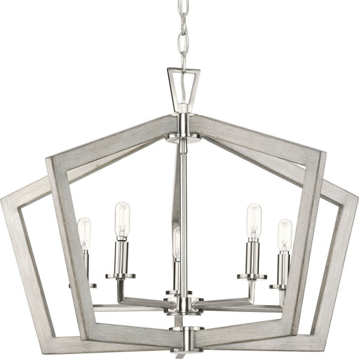 Progress Lighting Galloway Collection Five-Light 19.25 Inch Brushed Nickel Modern Farmhouse Pendant Light With Grey Washed Oak Accents (P400301-009)