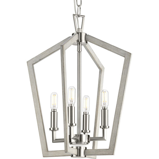 Progress Lighting Galloway Collection Four-Light 18 Inch Brushed Nickel Modern Farmhouse Foyer Light With Grey Washed Oak Accents (P500377-009)