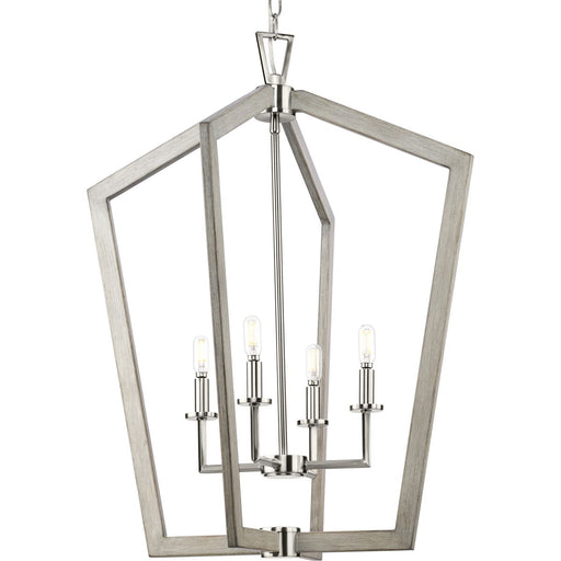 Progress Lighting Galloway Collection Four-Light 30 Inch Brushed Nickel Modern Farmhouse Foyer Light With Grey Washed Oak Accents (P500378-009)