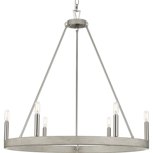 Progress Lighting Galloway Collection Six-Light 28.25 Inch Brushed Nickel Modern Farmhouse Chandelier With Grey Washed Oak Accents (P400302-009)