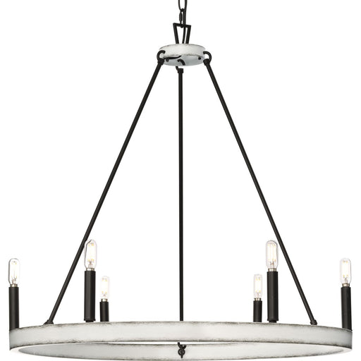 Progress Lighting Galloway Collection Six-Light 28.25 Inch Matte Black Modern Farmhouse Chandelier With Distressed White Accents (P400302-31M)