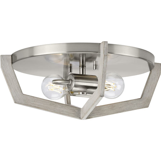 Progress Lighting Galloway Collection Two-Light 15 Inch Brushed Nickel Modern Farmhouse Flush Mount Light With Grey Washed Oak Accents (P350224-009)