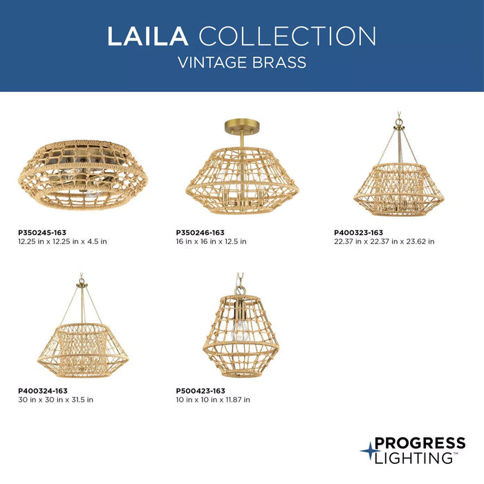 Progress Lighting Laila Collection 60W Three-Light Semi-Flush Mount Convertible Vintage Brass (P350246-163)