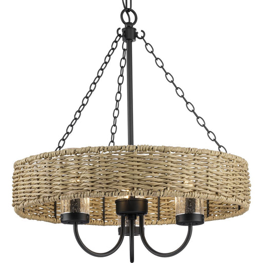 Progress Lighting Pembroke Collection Three-Light 21.5 Inch Matte Black Coastal Outdoor Pendant With Mocha Rattan Accents/Seeded Glass Shade (P550127-31M)