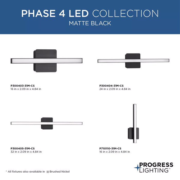 Progress Lighting Phase 4 LED Collection 11W 16 Inch LED Linear Vanity Fixture Matte Black (P710110-31M-CS)