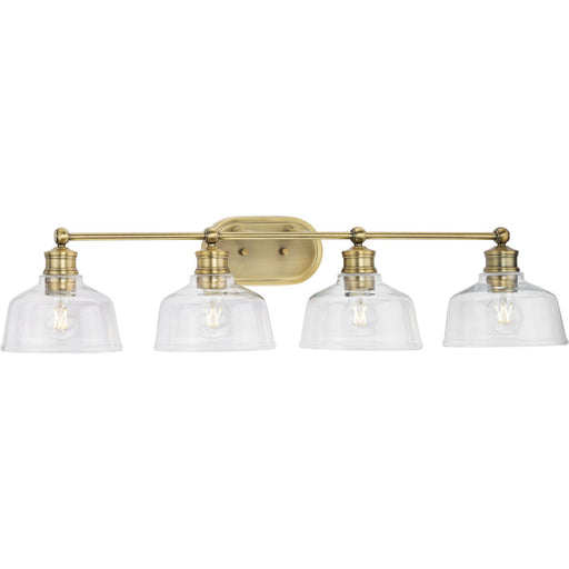 Progress Lighting Singleton Collection Four-Light 36 Inch Vintage Brass Farmhouse Vanity Light With Clear Glass Shades (P300398-163)