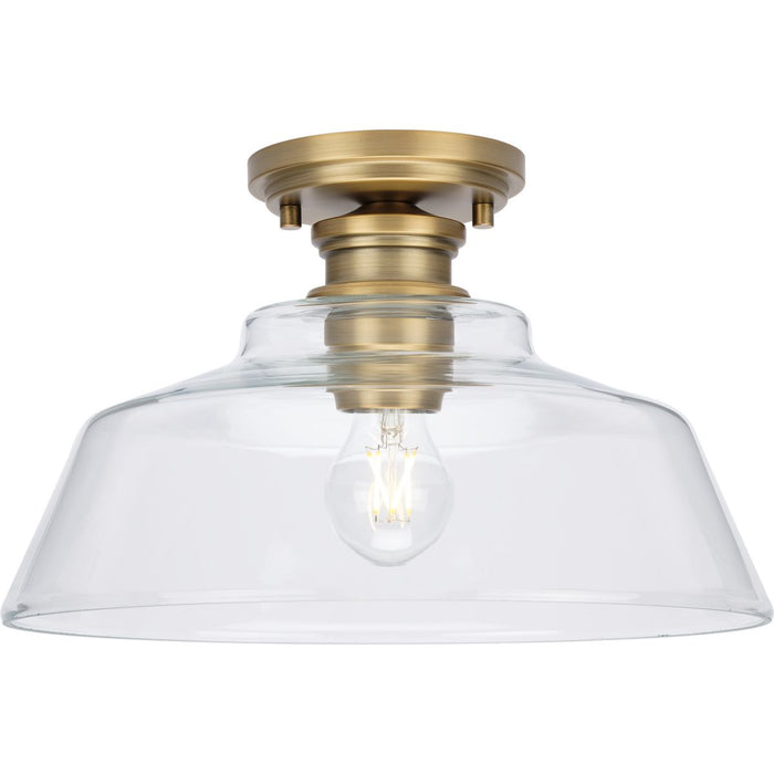 Progress Lighting Singleton Collection One-Light 14 Inch Vintage Brass Farmhouse Medium Semi-Flush Mount Light With Clear Glass Shade (P350227-163)