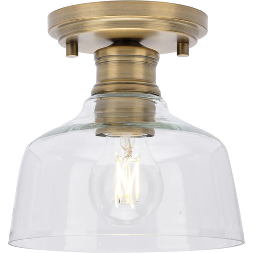 Progress Lighting Singleton Collection One-Light 7.62 Inch Vintage Brass Farmhouse Small Semi-Flush Mount Light With Clear Glass Shade (P350226-163)
