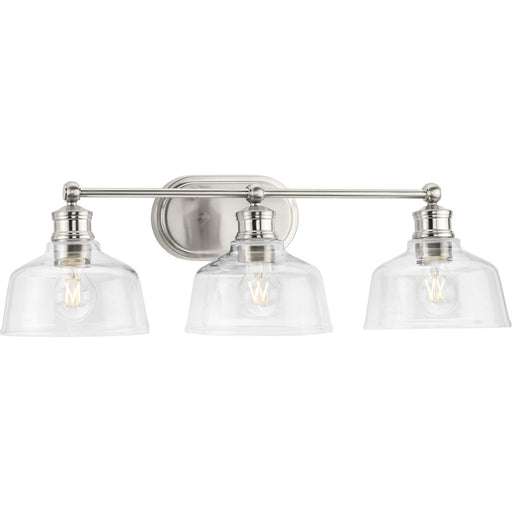 Progress Lighting Singleton Collection Three-Light 26.5 Inch Brushed Nickel Farmhouse Vanity Light With Clear Glass Shades (P300397-009)