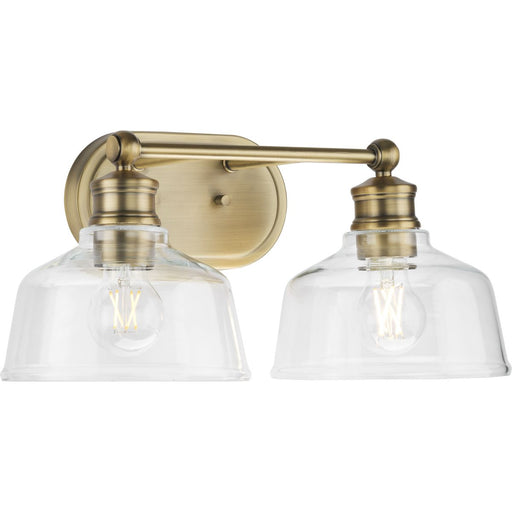 Progress Lighting Singleton Collection Two-Light 17 Inch Vintage Brass Farmhouse Vanity Light With Clear Glass Shades (P300396-163)