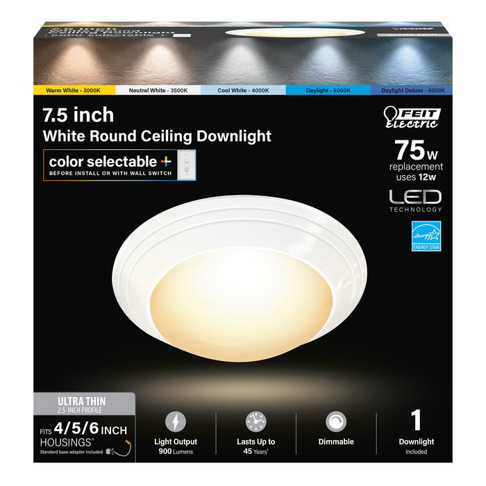 Feit Electric 7.5 Inch 12W [75W Equivalent] CCT Selectable 3000K/3500K/4000K/5000K/6500K Round LED Ceiling Downlight White (74006/6WYCA)