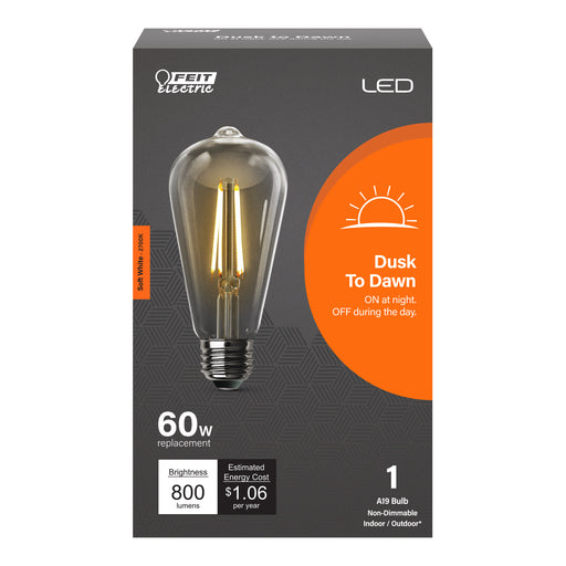 Feit Electric 8.8W [60W Equivalent] Soft White 2700K E26 Base ST19 Dusk To Dawn Filament LED Light Bulb (ST19CL927CA/DD/FILED)