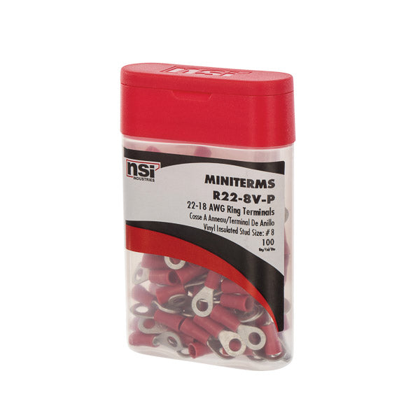 NSI 22-18 AWG Vinyl Insulated Ring Terminal #8 Stud 100 Piece Pro Pack (R22-8V-P)