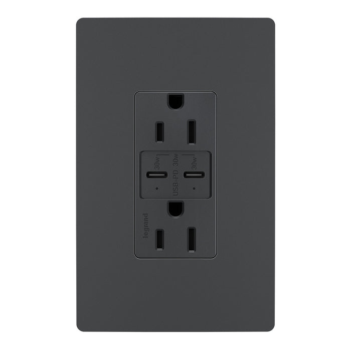 Pass and Seymour Radiant 30W Power Delivery USB Type C/C Outlet 15A Graphite (R26USBPDGCC6)